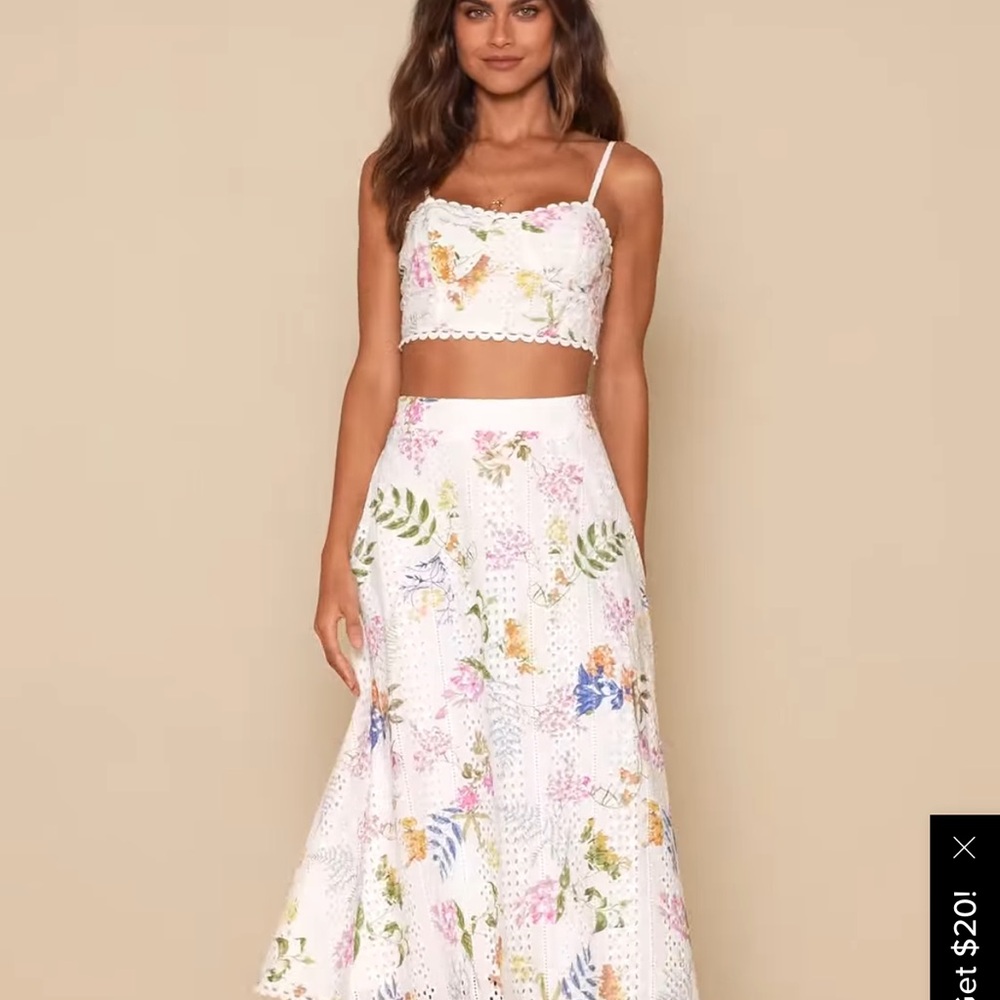 Lulus Sweet At Heart White Floral Embroidered Two-Piece Midi Dress, size small